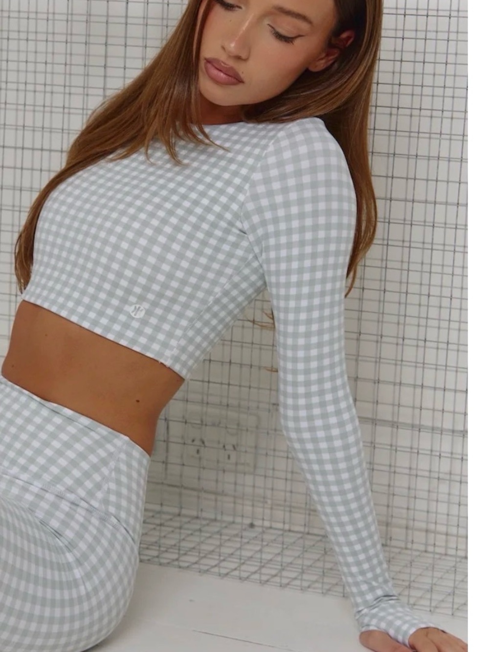 Astoria Activewear Luxe Balance Long Sleeve Crop Top MEDIUM tan gingham